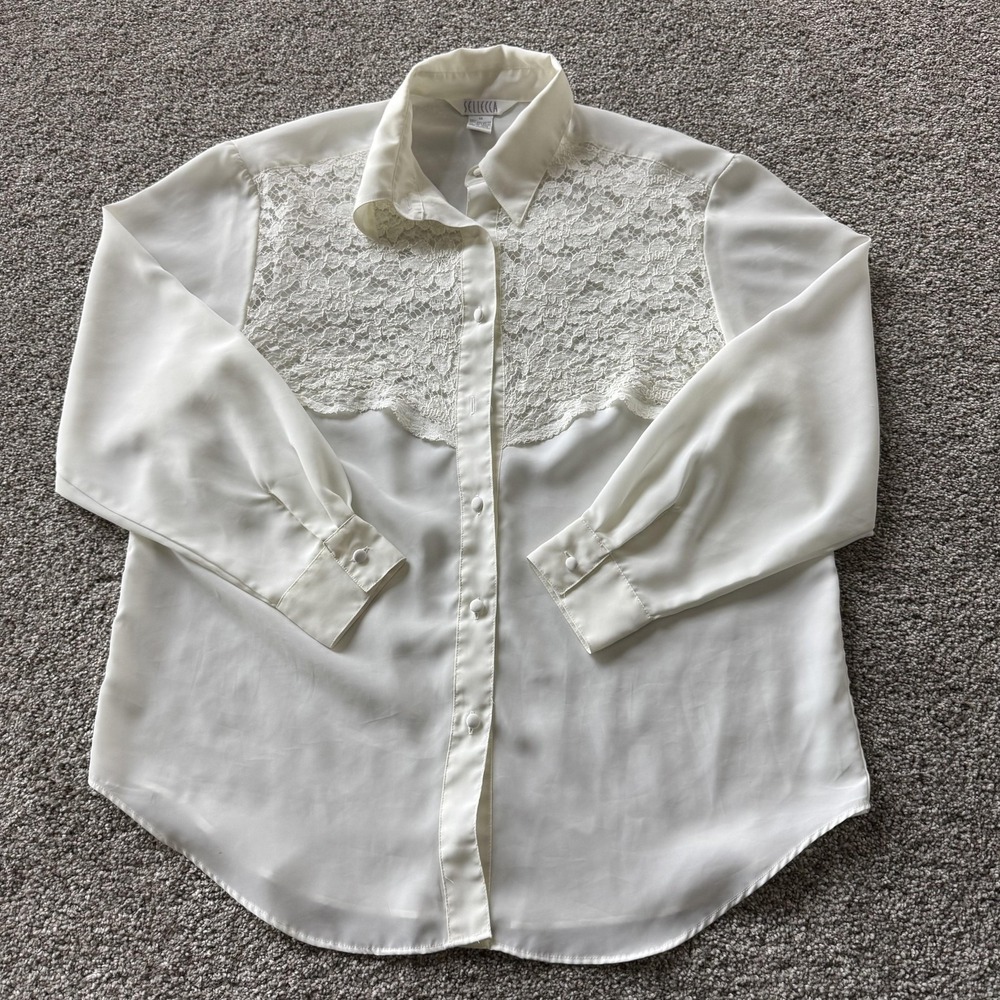 Sellecca Blouse Womens 14 White Collared Lace Sheer Button Front Long Sleeve Top